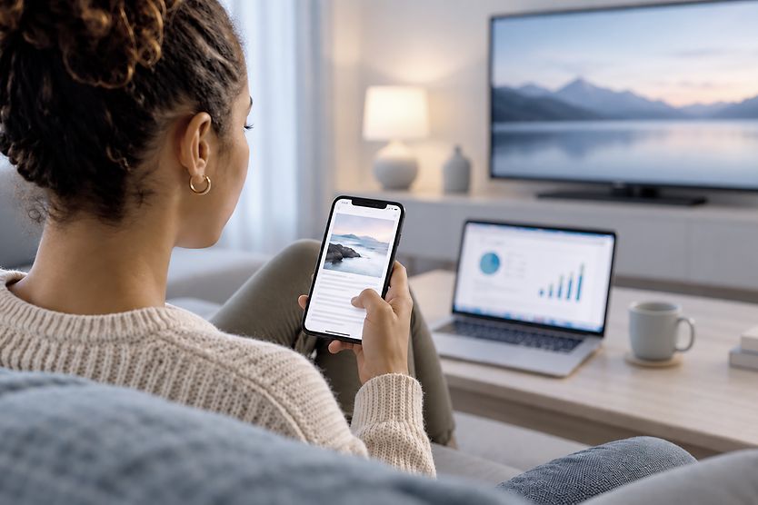 Woman using a smartphone while a laptop and television are on nearby, illustrating daily screen exposure and digital eye strain.