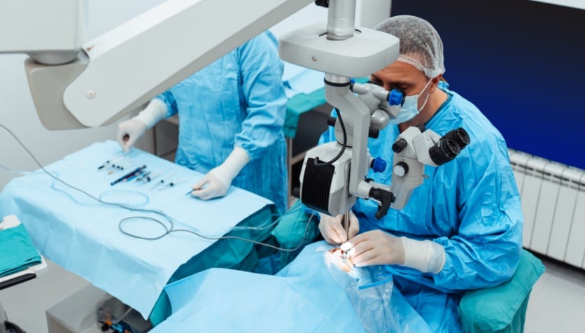 An eye surgeon performing cataract surgery on a patient.