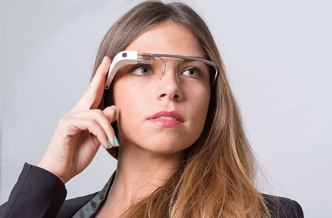 woman wearing Google glasses