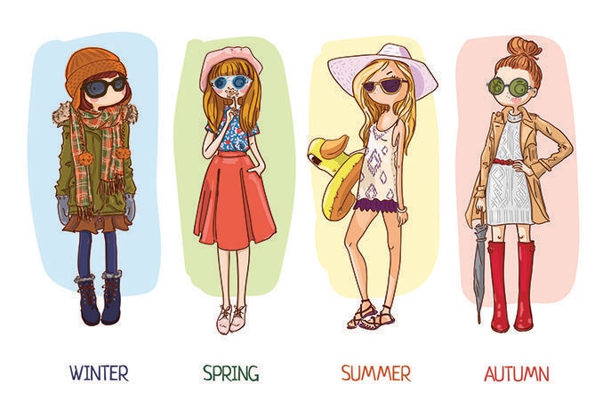 illustration of woman wearing sunglasses in all four seasons