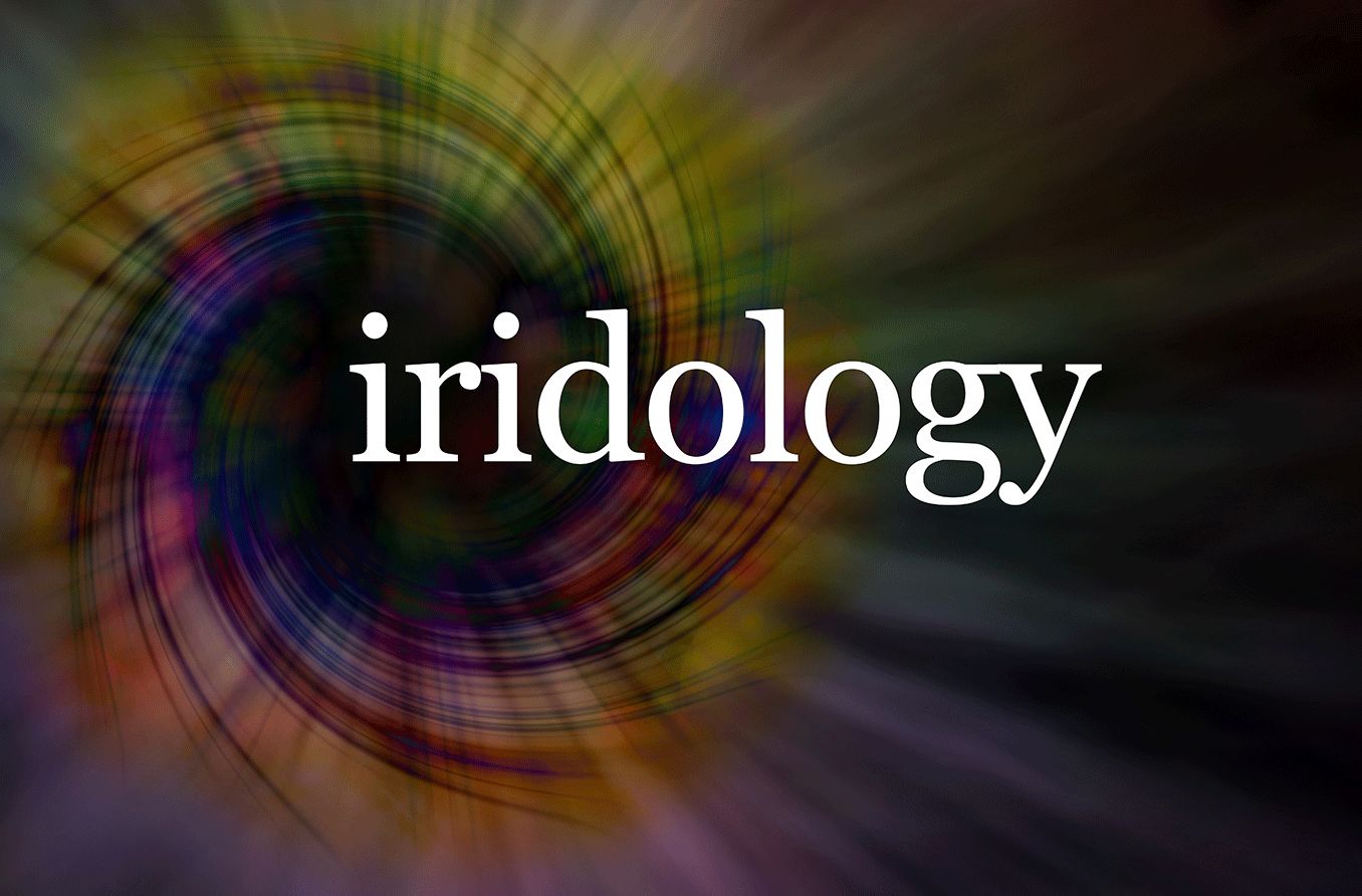 iridology text over an eye vortex