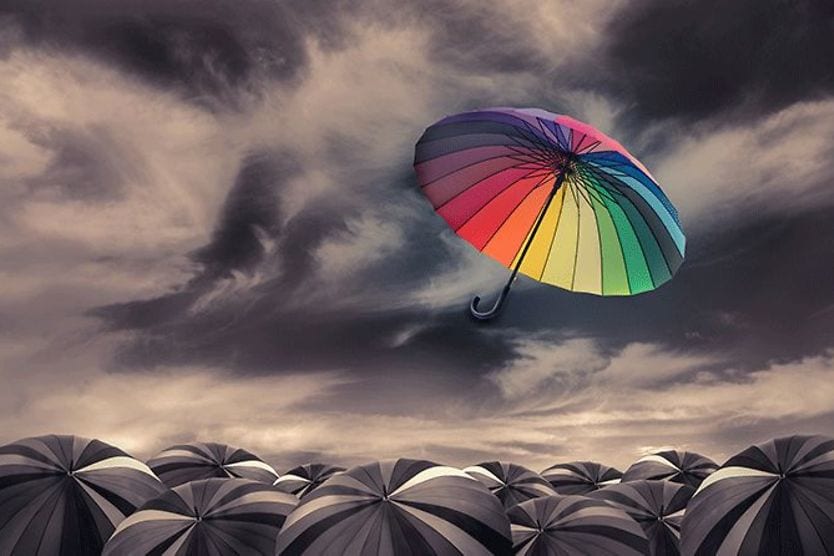 color vision displaying a rainbow umbrella against a gray backdrop