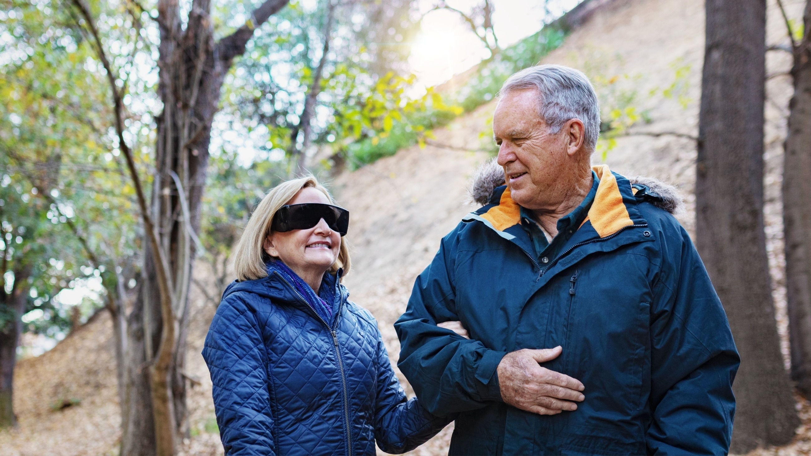 Blind woman departing from an airplane