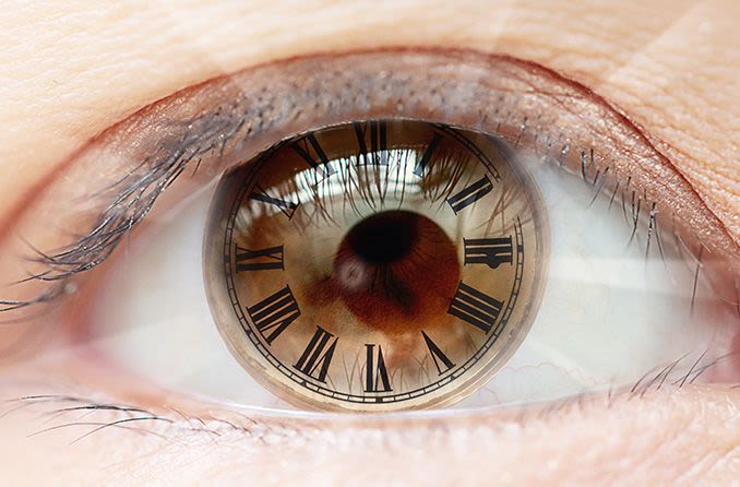 closeup of eye with roman numerals clock.
