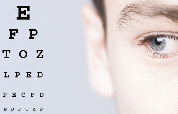 Eye chart and close up of man's eye