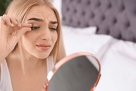 worried woman pulling out her eyelashes looking in a mirror