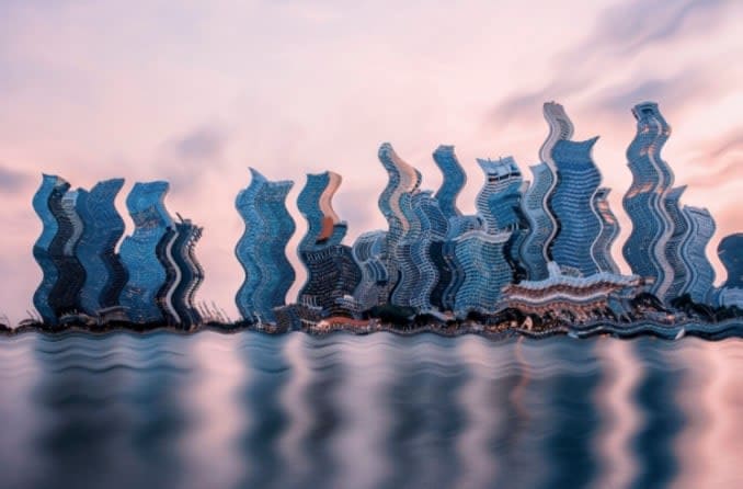 visual distortion (metamorphopsia) of highrise buildings next to water visual distortion (metamorphopsia) of highrise buildings next to water