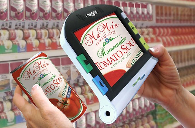 person using low vision aid device to read can label person using low vision aid device to read can label