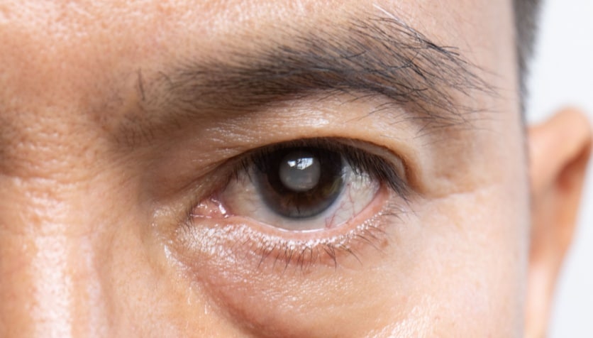 Close-up image of a man's eye with an untreated cataract. Close-up image of a man's eye with an untreated cataract.