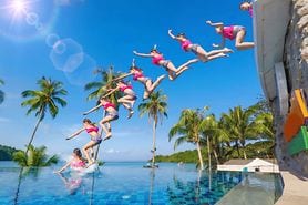 Depiction of akinetopsia, several frames of girl jumping into a pool.