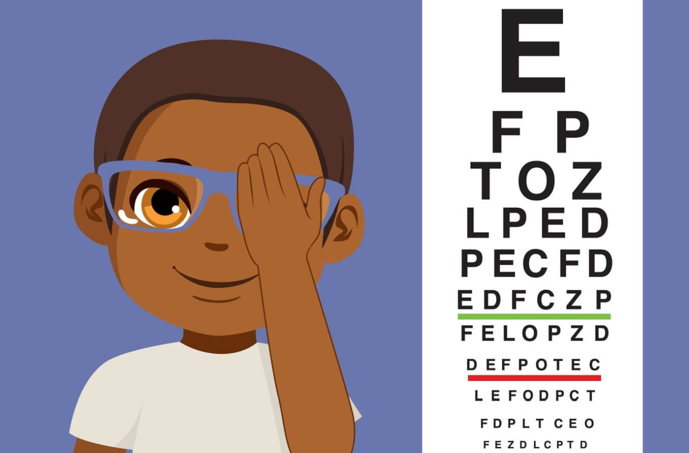 Child covering his eye at an eye exam.