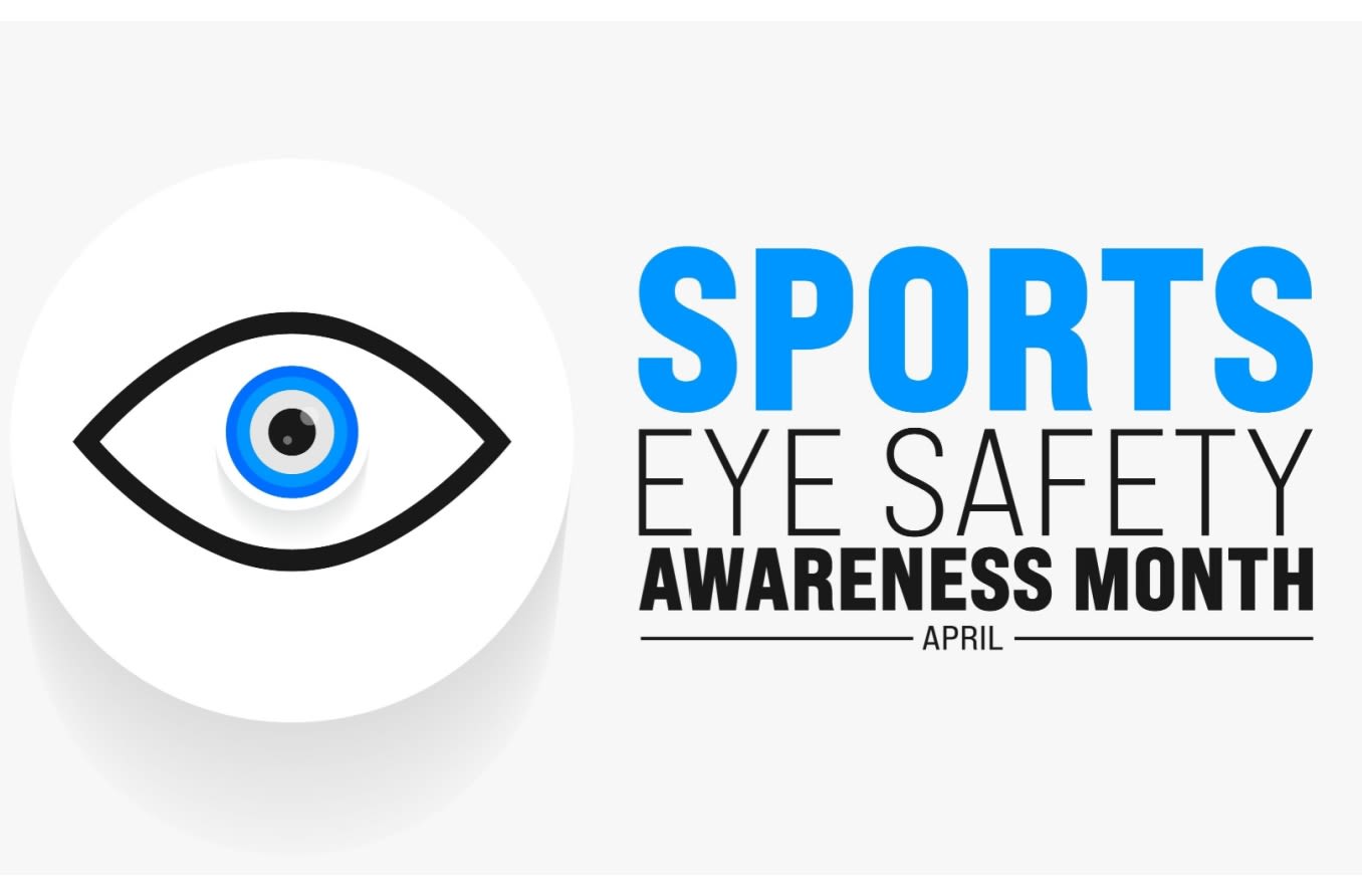 Graphic with the text Sports Eye Safety Awareness Month. Graphic with the text Sports Eye Safety Awareness Month.