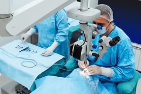 An eye surgeon performing cataract surgery on a patient. An eye surgeon performing cataract surgery on a patient.